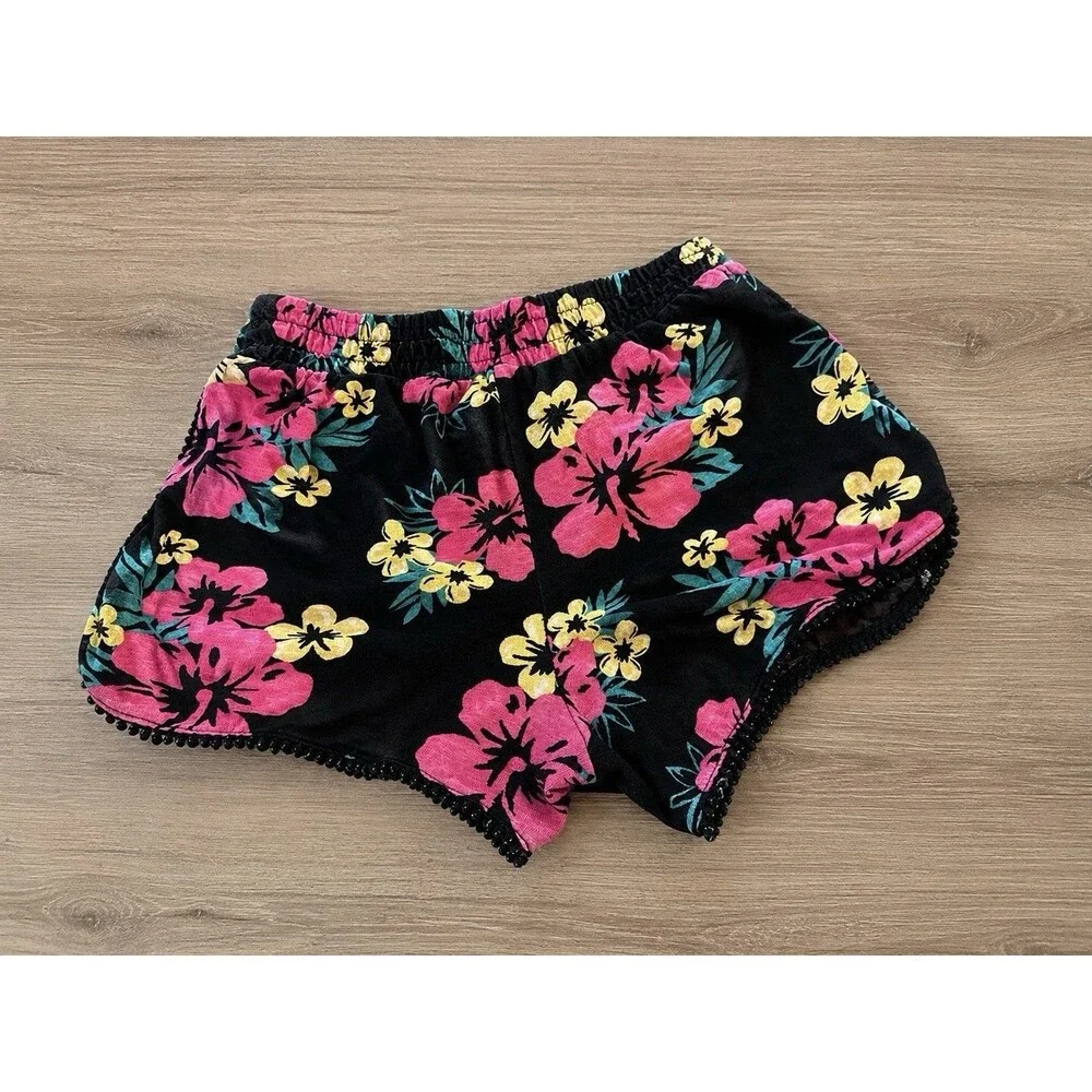 Justice Girls Floral Pull-On Shorts Size 12 Cotton Elastic Waist Black